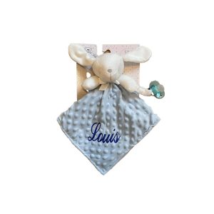 doudou lapin brodé bleu