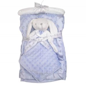 Set De Couverture et Doudou Lapin Brodé du Prénom de Bébé avec Attache Sucette – Bleu