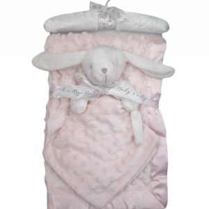 Set De Couverture et Doudou Lapin Brodé du Prénom de Bébé avec Attache Sucette – Rose